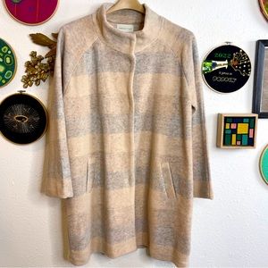 Adrienne Vittadini Wool Blend fuzzy sweater coat Striped Cream Brown Gray
